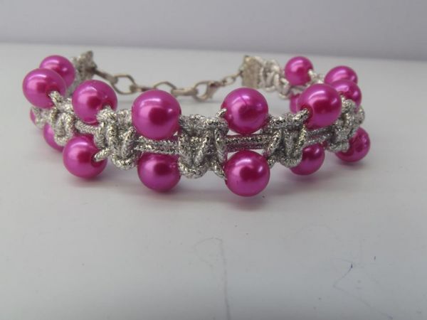 Cód:PS17- Pulseira Macramê Invert Prata/ Rosa Pink